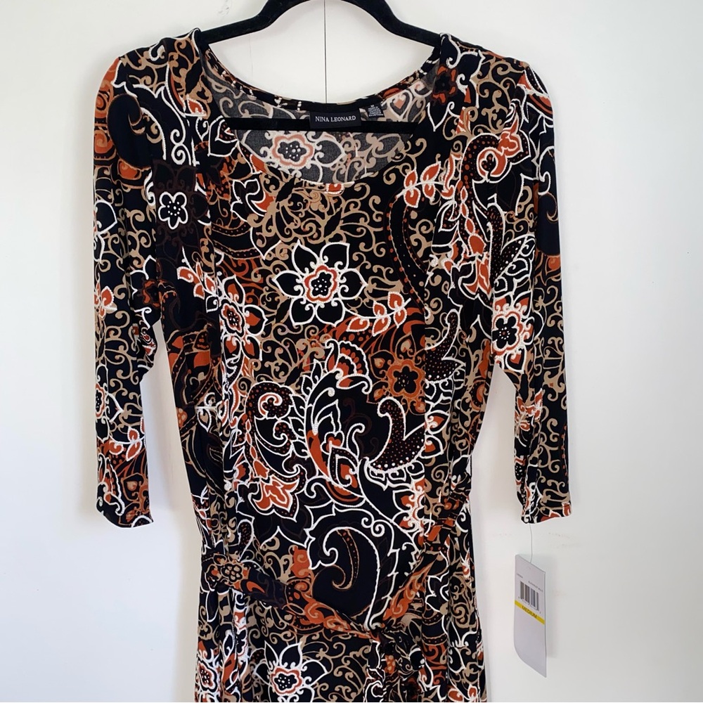 NWT Nina Leonard Belted 3/4 Sleeve Print Midi Dress